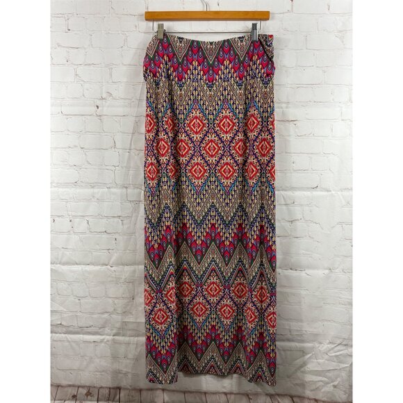 Cato Maxi Skirt Womens Size Medium Red Tan Blue Aztec Pull On Stretchy - Picture 2 of 5